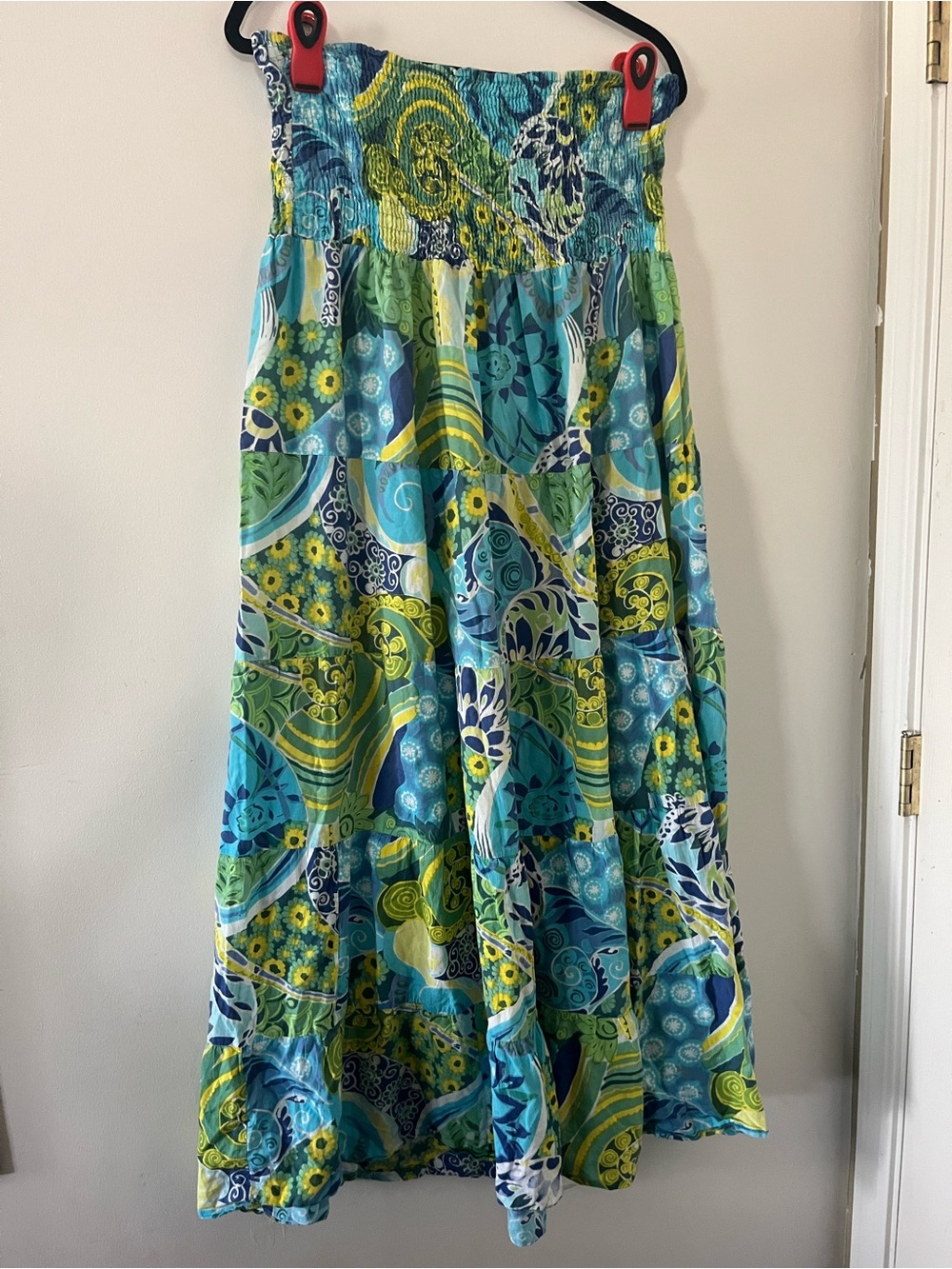 Y2K Tropical Strapless Blue Green Smocked Midi Dress Large 100% Cotton Resort